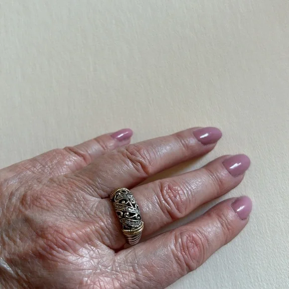 Sterling Silver Filigree, 14k Yellow Gold, and Round Diamonds Ring